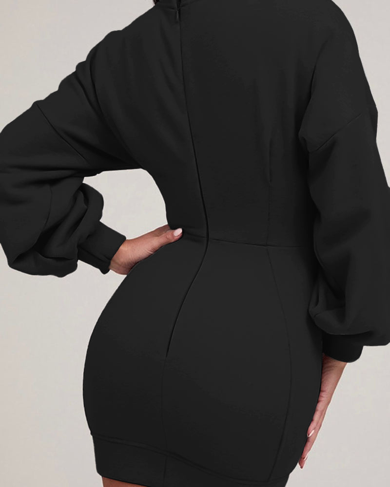 Lantern Sleeve Bodycon Pullover Sweatshirt Dress Crew Neck Mini Dress - Image 20