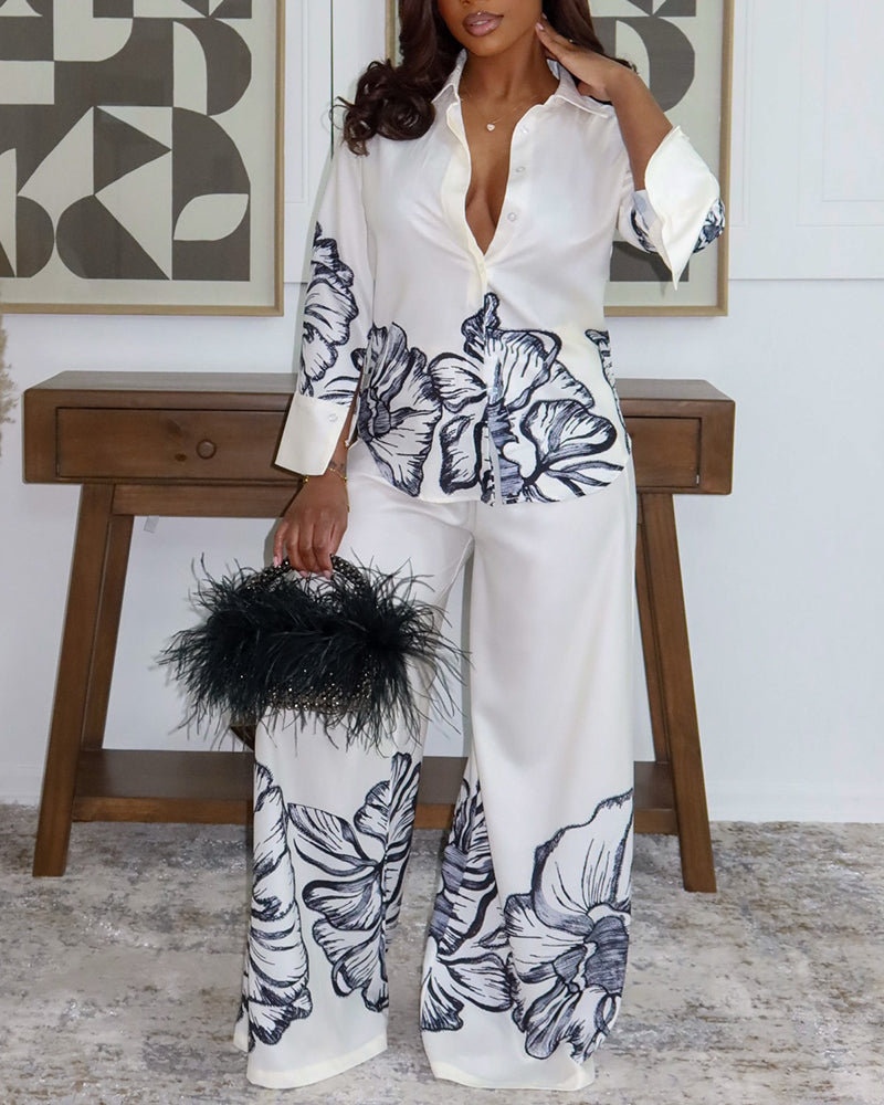 2 Pieces Outfit Turn-down Collar Long Sleeve Button Front Shirt and Wide Leg Pants Set Elegant Floral Placement Print Commuting Set - Image 3