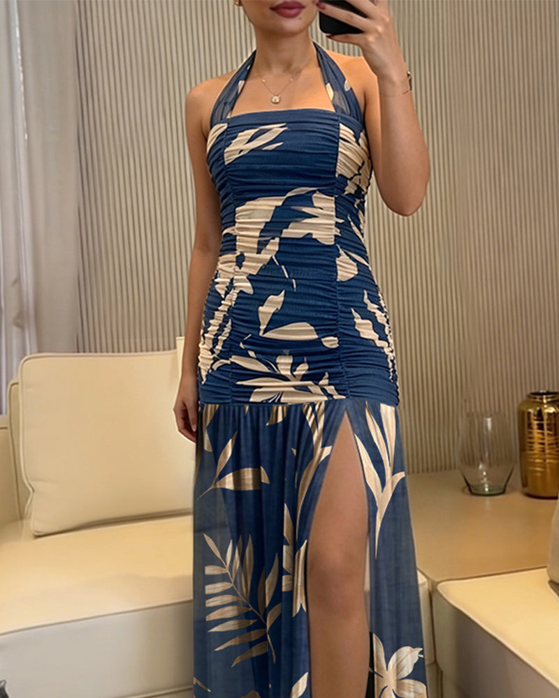 Women's Vintage Plants Halter Tie Maxi Dress Sexy Backless Ruched Bodycon Dress Elegant Slit Mesh Evening Party Gown - Image 4
