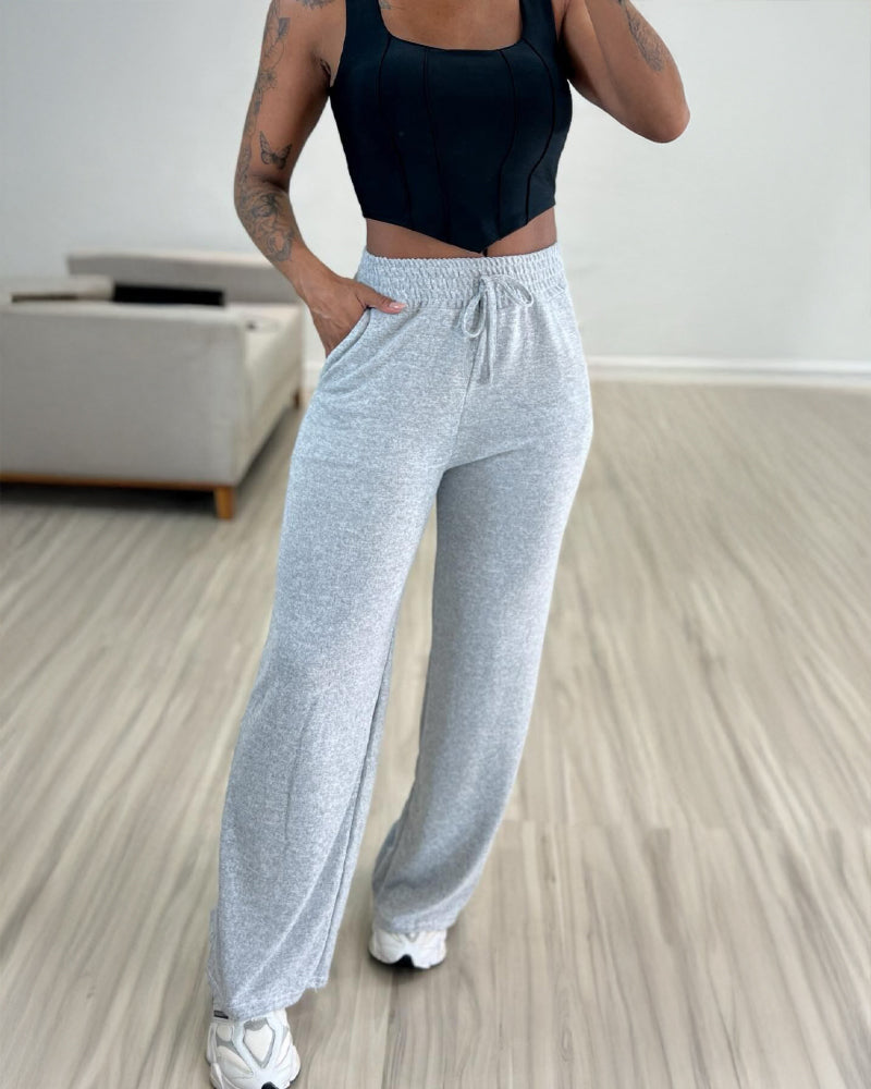 High Waist Drawstring Elastic Waist Wide Leg Casual Pants - Image 8