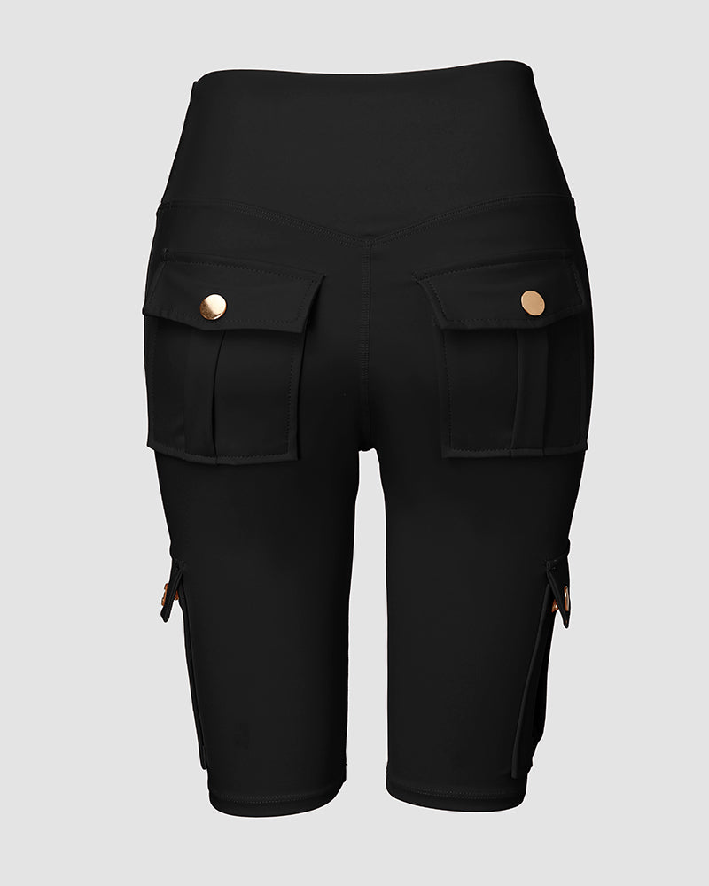 Tummy Control Butt Lifting Active Shorts High Waist Flap Pocket Workout Bermuda Cargo Running Shorts - Image 4