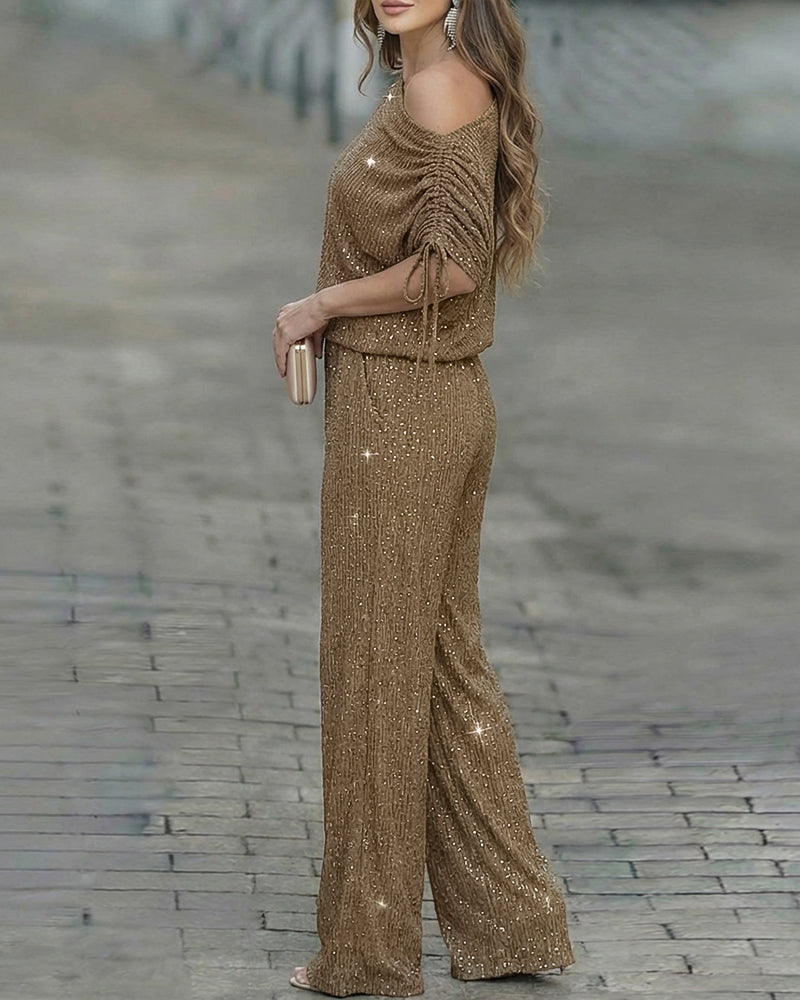 Women's Two-Piece Rhinestone Lounge Suit Skew Neck Top and Wide-Leg Pant Set Elegant Commuter Outfit with Pockets - Image 3