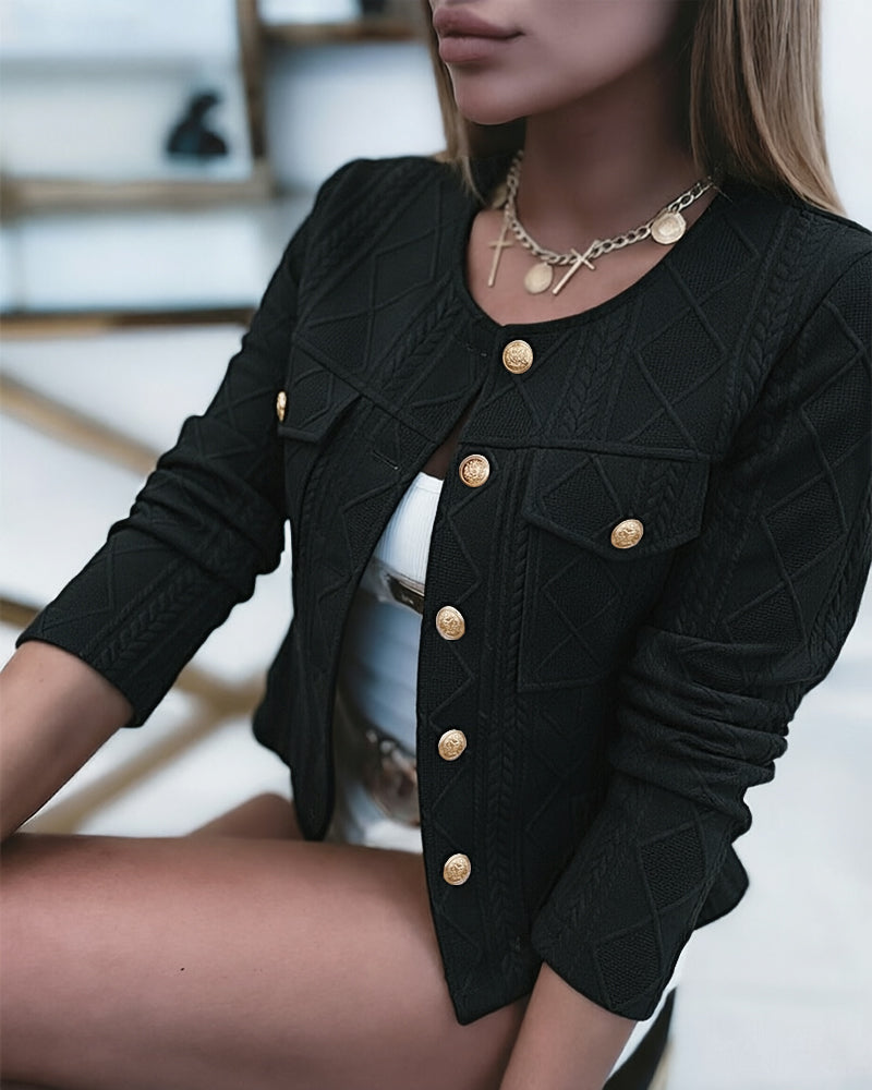 Women's French Style Cropped Jacket Round Neck Gold Button Coat Argyle Cable Jacquard Knit Outerwear - Image 11