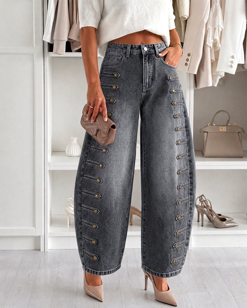 Women's Wide Leg Jeans High Waisted Side Button Denim Pants Distressed Washed Trousers Retro Y2K Streetwear - Image 15