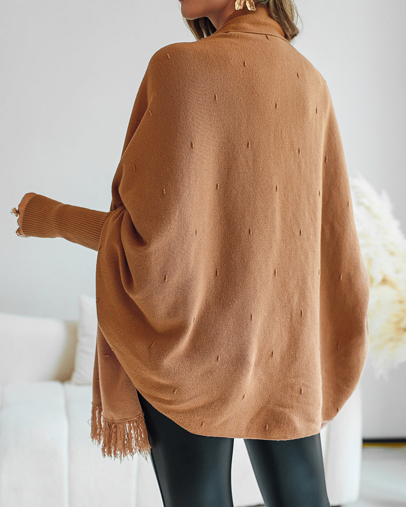 Tassel Design Long Sleeve Slit Cardigan Fashion Versatile Warm Cape Shawl - Image 2