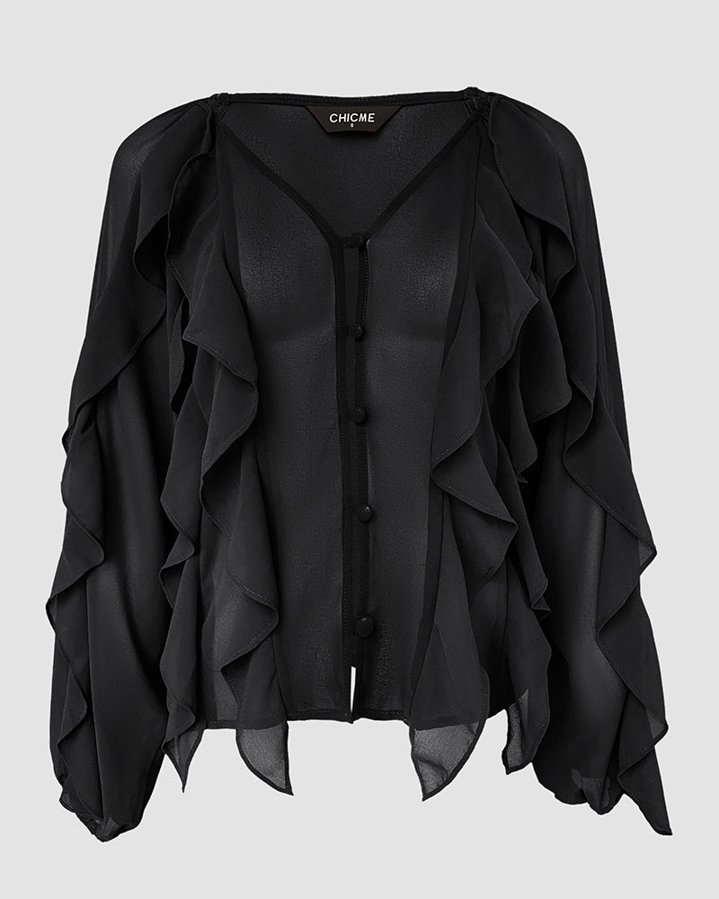 V Neck Shoulder Ruffles Design Blouse Casual Button Front Long Sleeve Top - Image 26