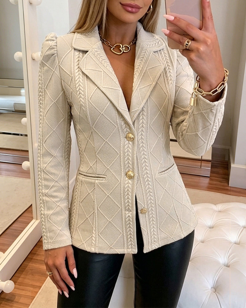 Women's Elegant Argyle Textured Blazer Slim Fit Puff Sleeve Suit Jacket Gold Button Work Office Commuter Blazer with Pockets - Image 3