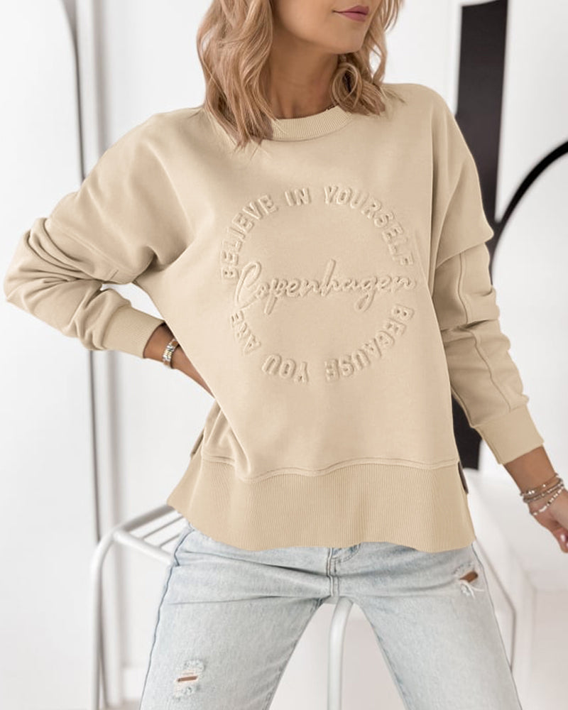 Women's Loose Crewneck Sweatshirt Embossed Letter Print Pullover Top Casual Side Slit Top - Image 8
