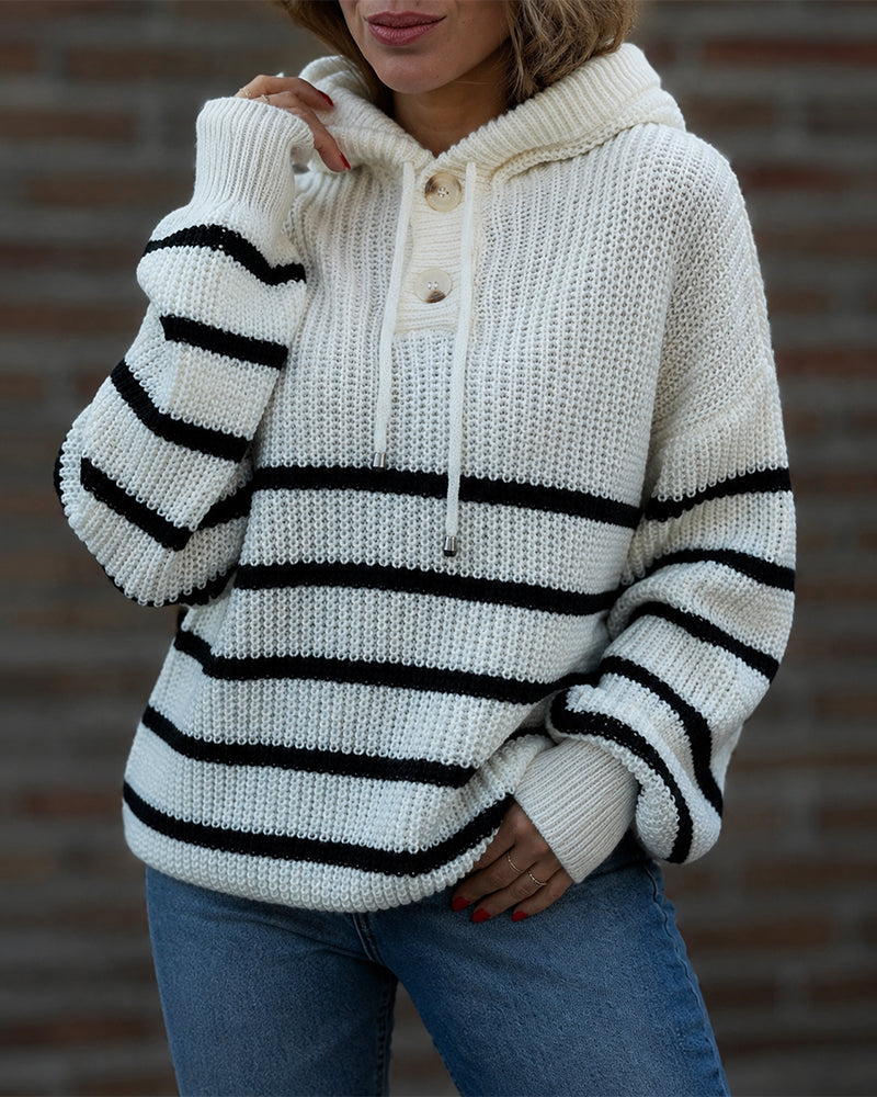 Women's Striped Henley Drawstring Hooded Sweater Loose Fit Lantern Sleeve Knit Pullover - Image 3