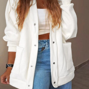 Women's Casual Loose Cardigan V Neck Snap Button Down Jacket Drop Shoulder Coat with Pockets