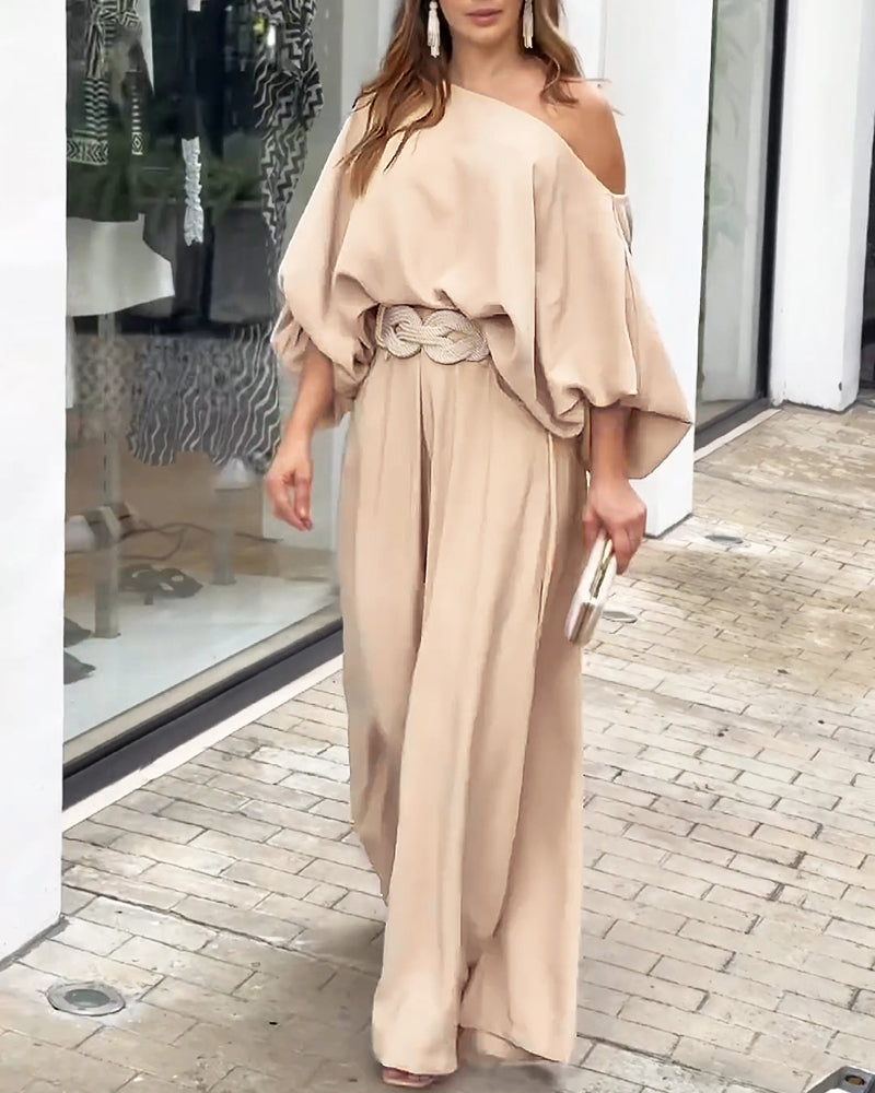 2 Pieces Outfit Turn-down Coll Long Sleeve Button Front Satin Shirt and Casual Vintage Floral Print Elastic Back Waist Wide Leg Pants Set without Belt - Image 5