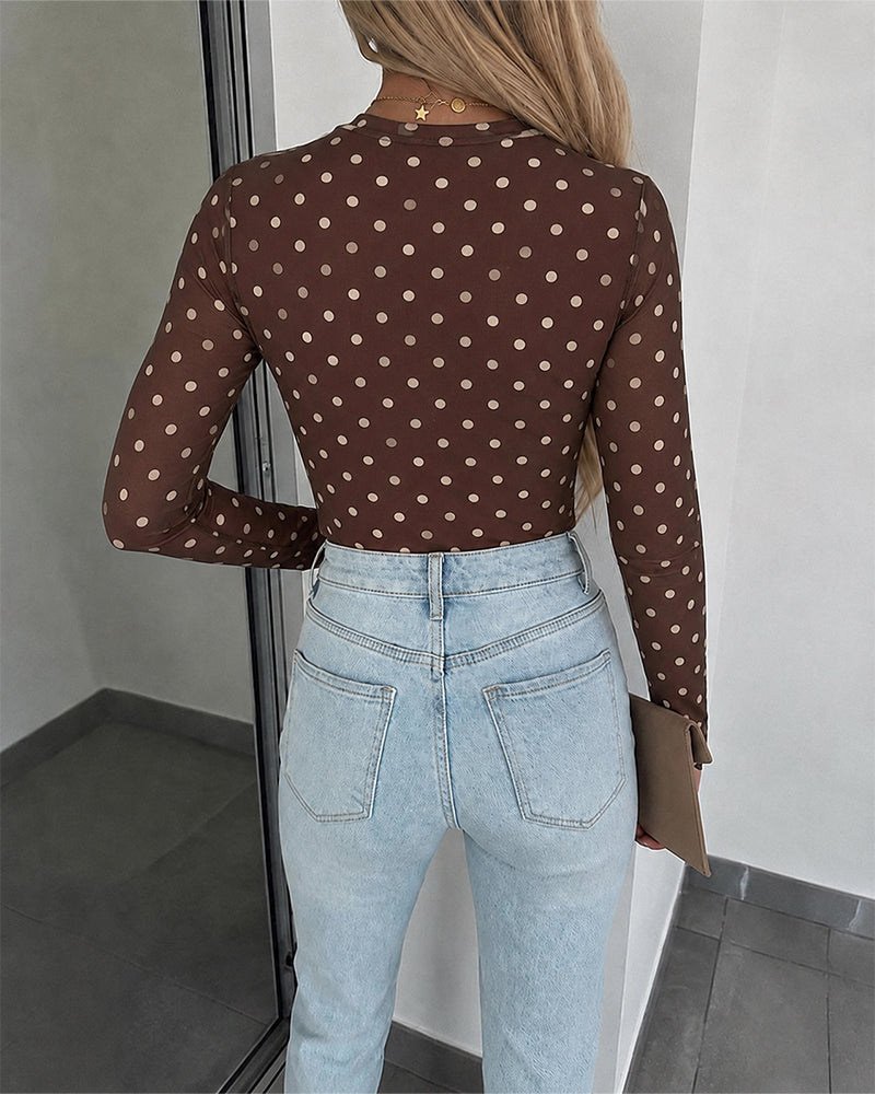 Women's Mesh Polka Dot Top Lined Sheer Long Sleeve Tee Crewneck Slim Fit Layering Under Base Top with Thumbholes - Image 9