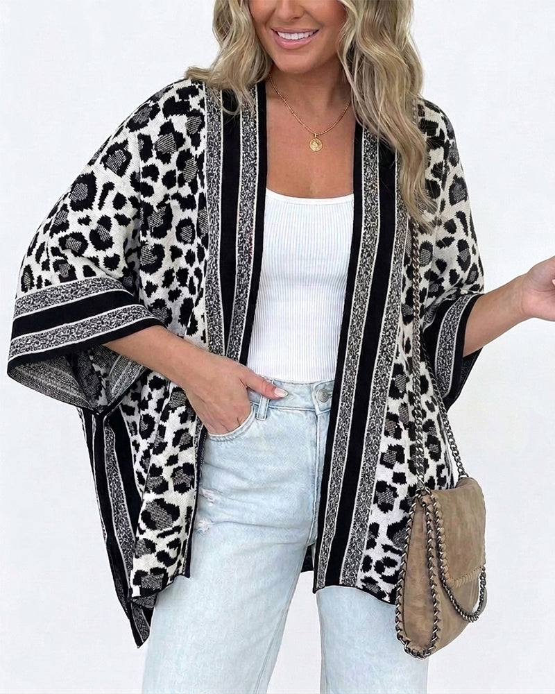 Women's Leopard Print Poncho Cardigan Contrast Striped Trim Open Front Loose Fit Batwing Sleeve Knit Cape Shawl - Image 3