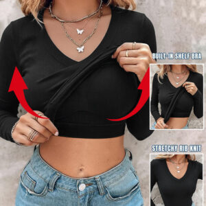 Women's V Neck Long Sleeve Ribbed Knit Top Slim Fit Base Layer Shirt Soft Stretchy Casual Tee with Built-in Bra