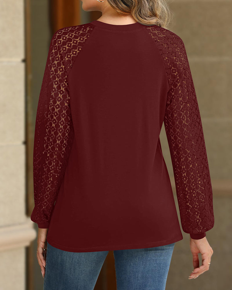 Contrast Lace Round Neck Lantern Sleeve Ruched Blouse Elegant Shirt - Image 2