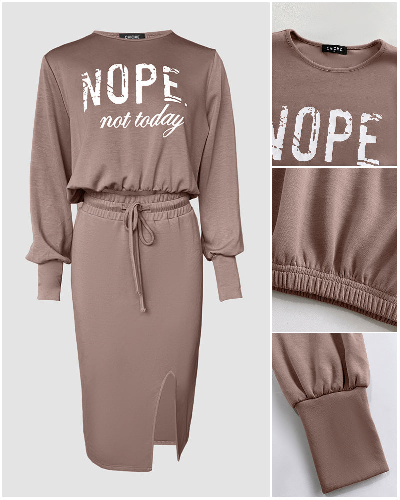 2 Pieces Outfit NOPE. not today Slogan Print Long Sleeve Stretchy Hem Crop Top and High Waist Drawstring Elastic Waist Slit Casual Skirt Set - Image 6