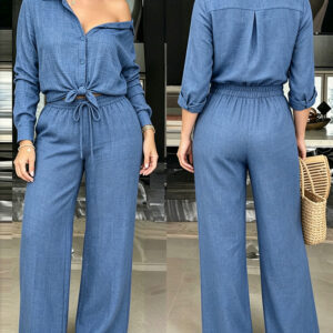 Women's 2 Piece Textured Set Button Down Shirt and Wide Leg Pants Set Casual Loose Lightweight Outfits with Pockets