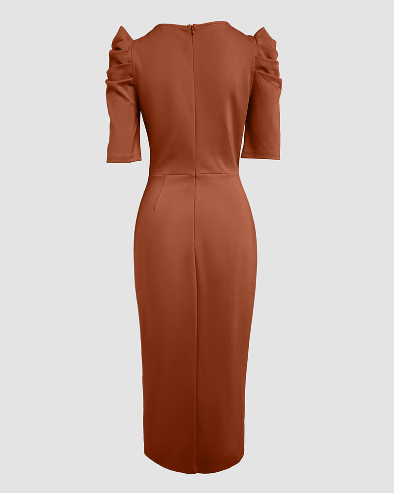 3D Flower Decor Round Neck Puff Sleeve Bodycon Dress Casual Ruched Slit Zipper Back Work Dress - Image 28