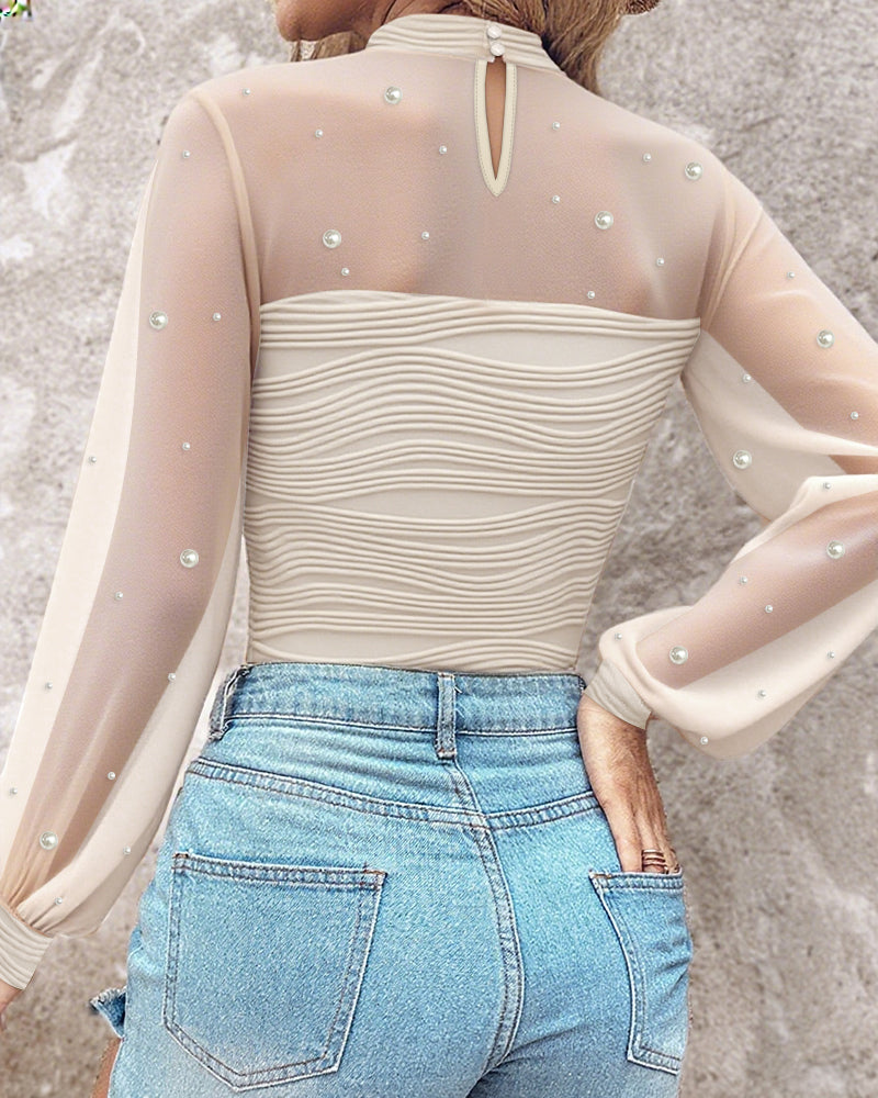 Pearls Decor Mock Neck Sheer Mesh Spliced Ruched Tee Hollow-out Back Slim Fit Textured Top - Image 13