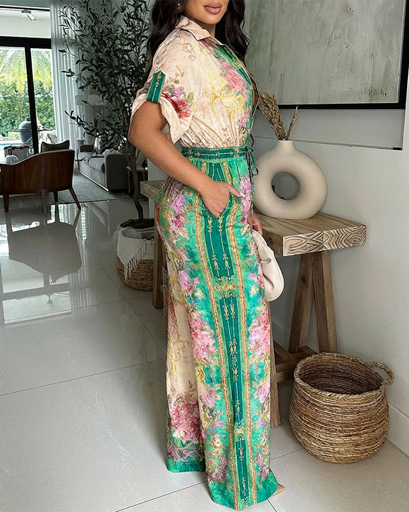 Vintage Floral Print Turn-down Collar Roll Up Sleeve Button Front Overalls Casual Drawstring Stretchy Waist Wide Leg Vacation Jumpsuit - Image 5