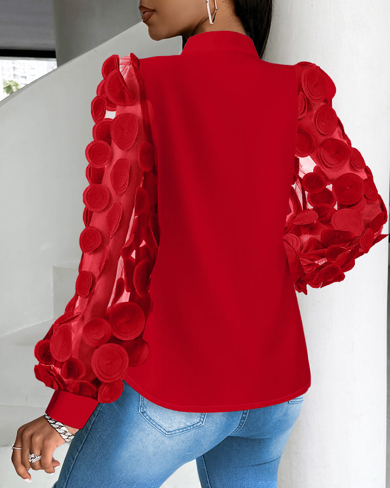 Floral Pattern Long Sleeve Blouse Solid Tie Neck Mesh Patch Shirt Office Work Tops - Image 3
