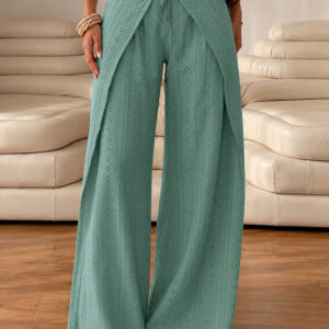Women's Eyelet Jacquard High Waisted Wrap Wide Leg Pants Tied Split Flowy Trousers