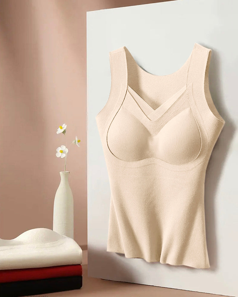 Sheer Mesh Spliced V Neck Sleeveless Built In Bra Tank Casual Warm Fleece Lined Slim Fit Top - Image 14