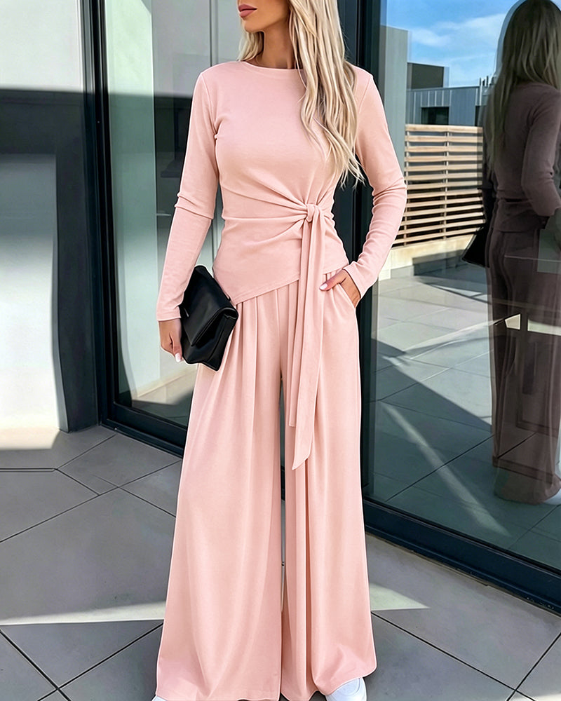 Women's 2 Piece Knit Lounge Set Long Sleeve Tie Waist Top and High Waisted Wide Leg Pants Casual Soft Sweatsuit with Pockets - Image 5