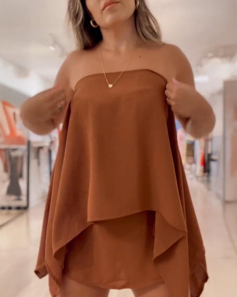 3 Pieces Outfit Solid Off Shoulder Split Sleeve Convertible Crop Top and Casual Elastic Waist Skorts Set With Bandeau(Without Belt) - Image 10