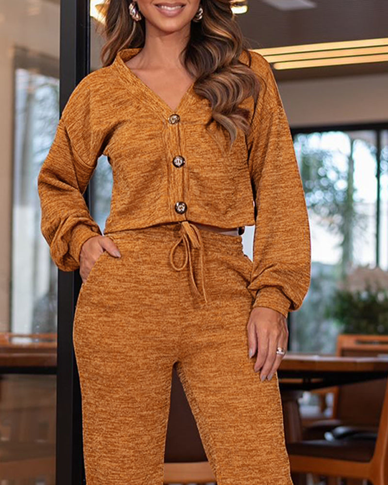 2 Pieces Outfit Fuzzy Knit Lantern Sleeve Cardigan and Casual Drawstring Wide Leg Pants Set - Image 3