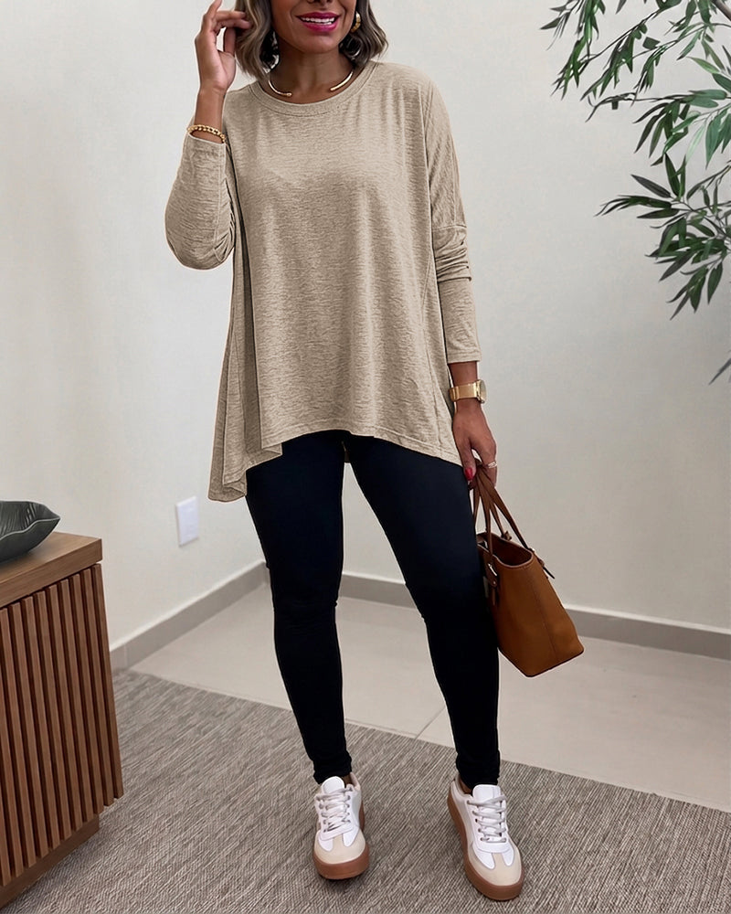 Women's Asymmetric Hem Long Sleeve Top Loose Fit Dropped Shoulder Crewneck Soft Slouchy Casual Tee - Image 18
