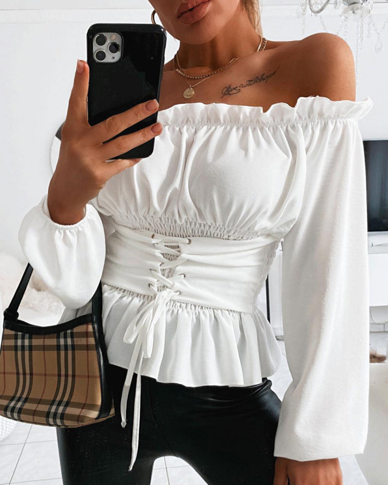 Frill Trim Off Shoulder Long Sleeve Lace-up Front Blouse Casual Shirred Waist Flared Hem Top - Image 3