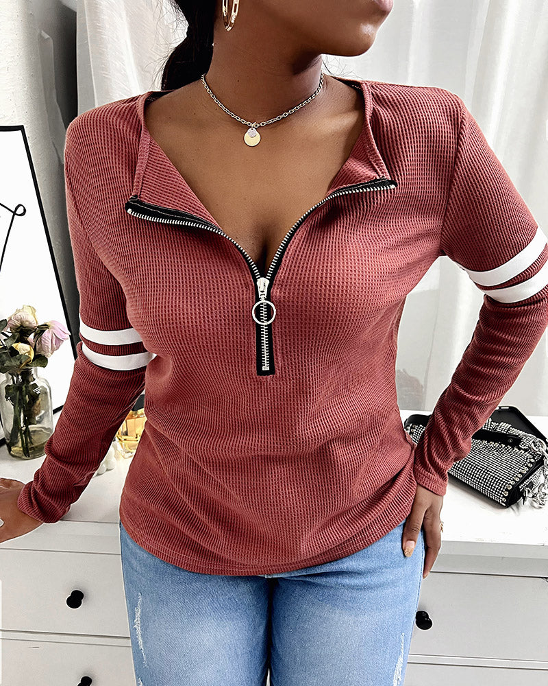 Striped Print Zipper Front Long Sleeve Top Waffle Knit Loose Fitting Tunic Tops - Image 8