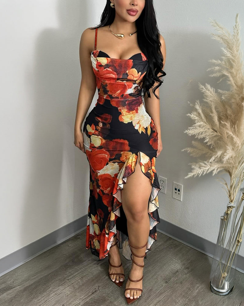 Women's Floral Print Mesh Dress Ruffle Hem High Slit Mermaid Cami Dress Sexy Sleeveless Bodycon Party Dress - Image 6
