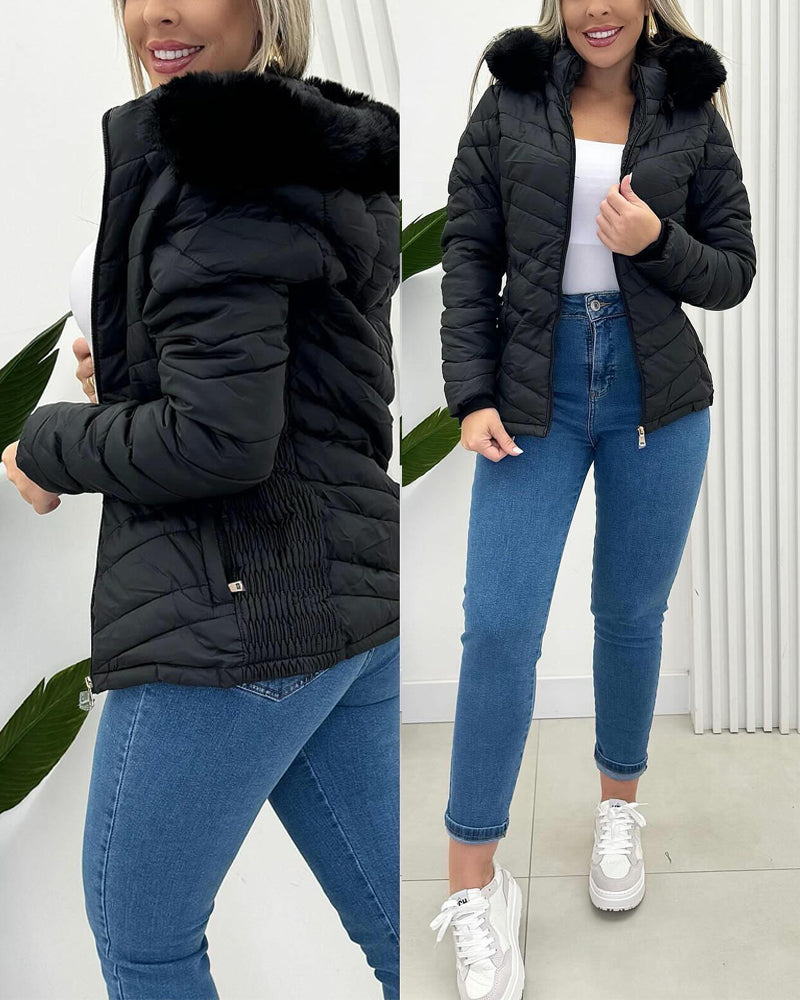 Zipper Pocket Design Shirred Fuzzy Trim Fleece Lined Hooded Puffer Jacket - Image 27