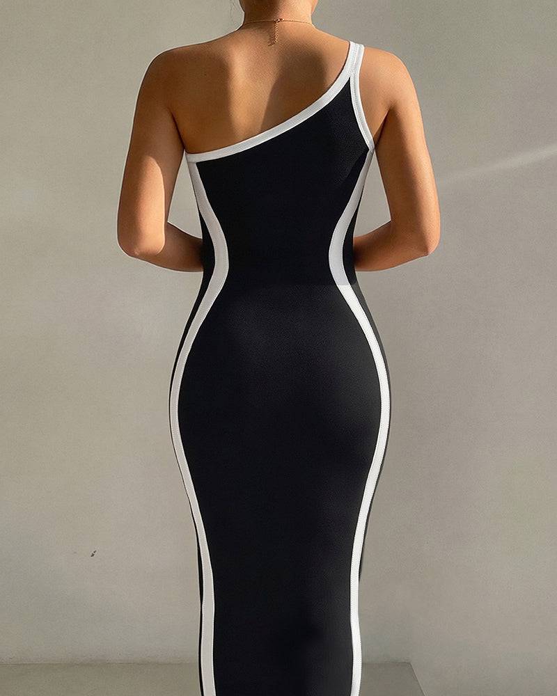 Women's One Shoulder Contrast Midi Bodycon Dress Beach Vacation Dress - Image 2
