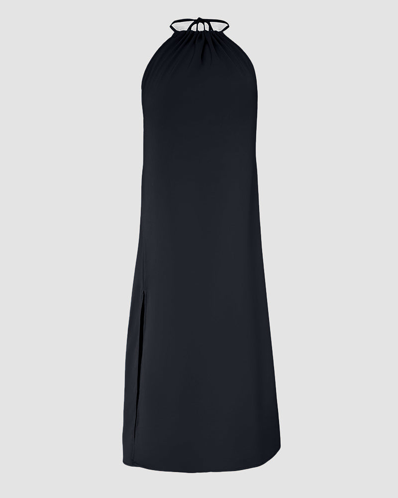 Halter Sleeveless Backless Maxi Dress Casual Shirred Back Side Slit Vacation Dress - Image 14