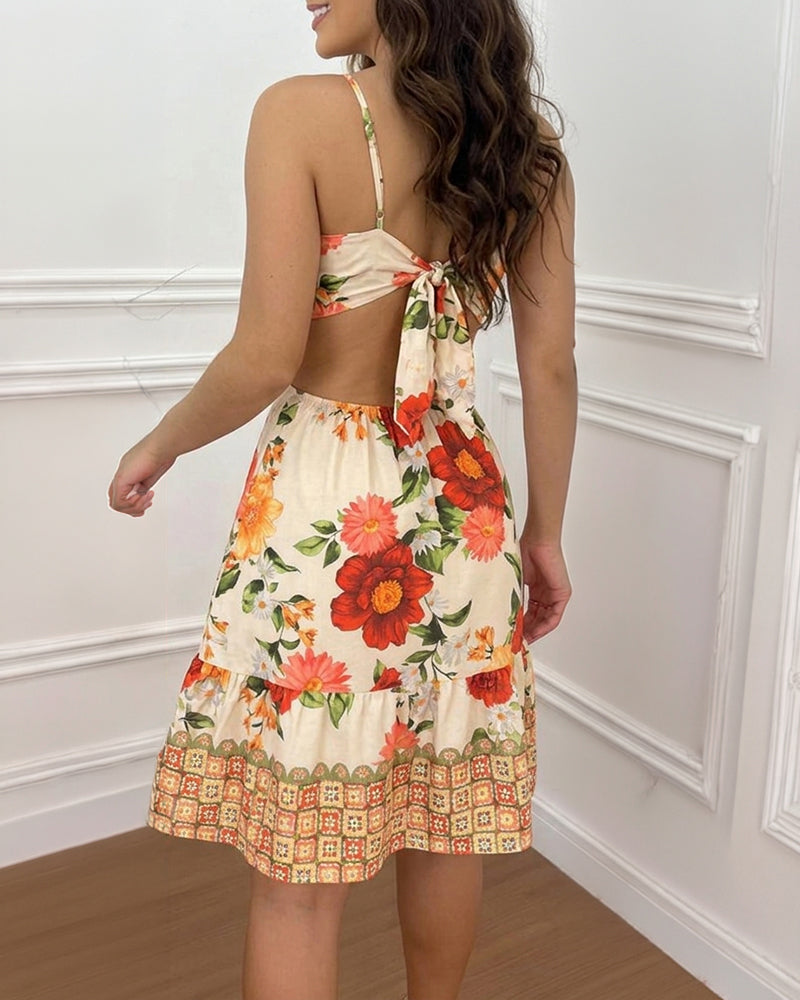 Women's Floral Print Boho Dress Sweetheart Neck Cut Out Tied Detail Summer Dress Ruffle Hem Ruched Vacation Dress - Image 5