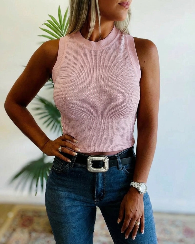 Rhinestone Decor O-neck Sleeveless Knit Tee Slim Fit Tank Top - Image 12