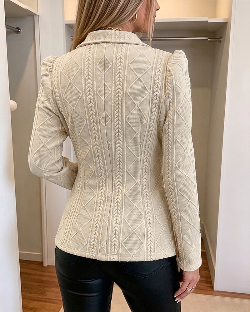 Women's Elegant Argyle Textured Blazer Slim Fit Puff Sleeve Suit Jacket Gold Button Work Office Commuter Blazer with Pockets - Image 2