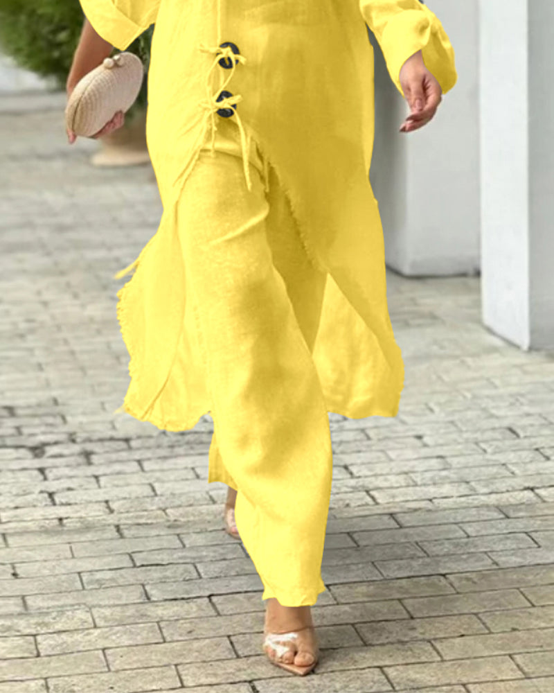 2 Pieces Outfit Button Decor One Shoulder Turn-Up Sleeves Slit Raw Edges Top and Casual Drawstring Elastic Waist Wide Leg Pants Set - Image 18