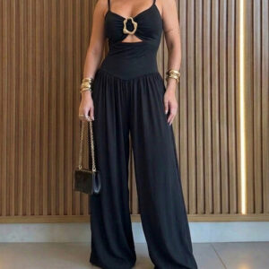 Women's Gold Ring Hollow Out Wide Leg Jumpsuit Backless Adjustable Strap Romper Elegant Party Jumpsuit