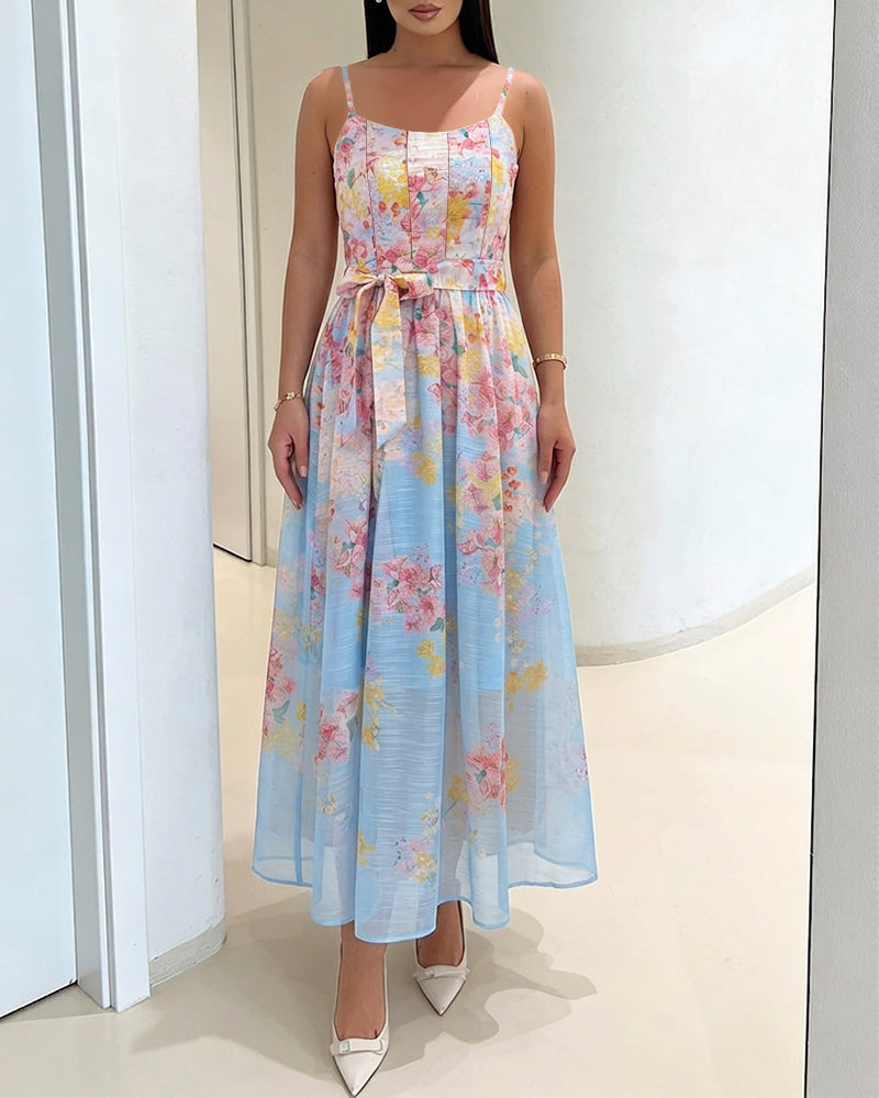 CHICME Women's Watercolor Floral Cami Dress Adjustable Straps High Waist A-Line Maxi Dress with Matching Belt - Image 6