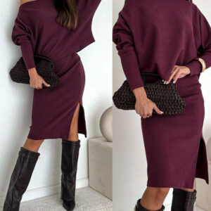 2 Pieces Outfit Skew Neck Batwing Sleeve Top and Side Slit Skirt Set Casual Ribbed Set