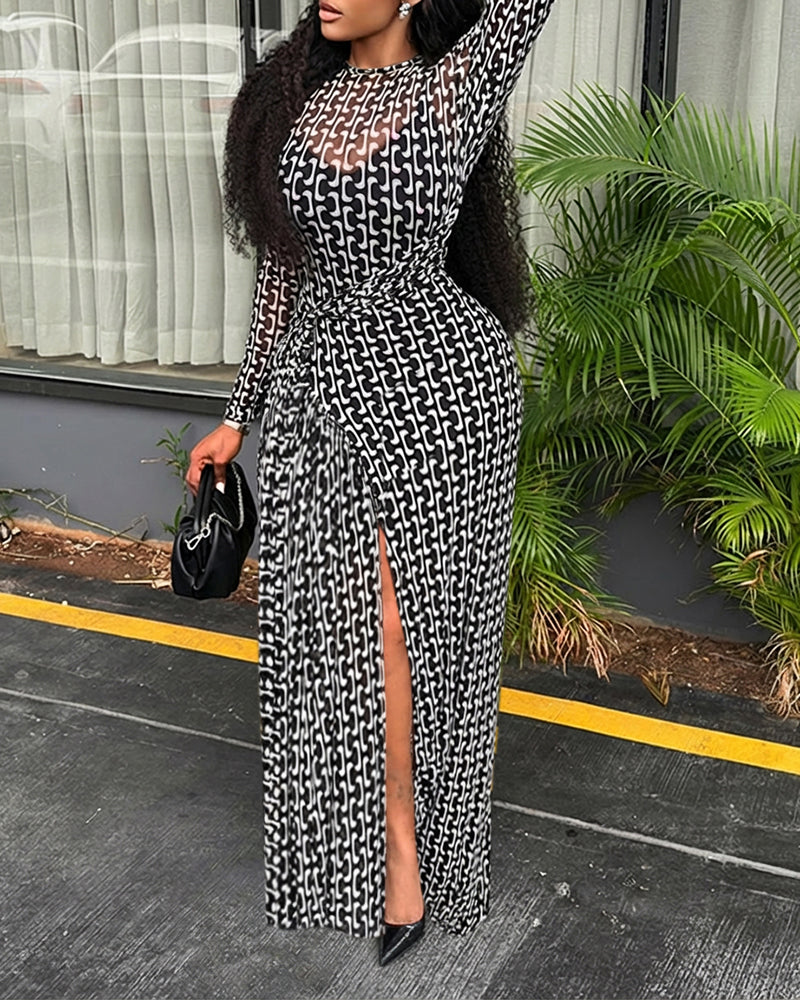 Geometric Print Long Sleeve Waist Tied Detail Maxi Dress Casual Slim Fit Slit Vacation Dress - Image 2