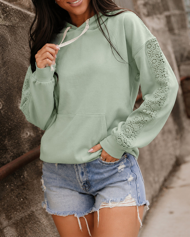 Women's Lace Splice Hoodie Drawstring Pullover Sweatshirt with Kangaroo Pocket - Image 6