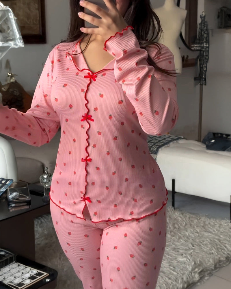 2 Pieces Outfit Bowknot Decor Turn-down Collar V-Neck Top and Elastic Waist Slit Hem Pants Set Casual Strawberry Print Frill Trim Ribbed Pajamas Set - Image 13