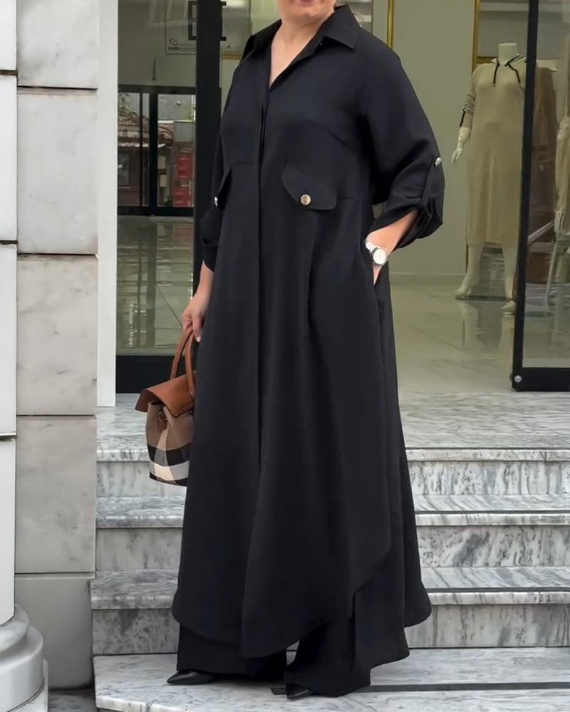 2 Pieces Outfit Turn-down Collar Turn-Up Sleeves Button Front Asymmetrical Hem Longline Blouse and Casual Elastic Waist Wide Leg Pants Set - Image 18