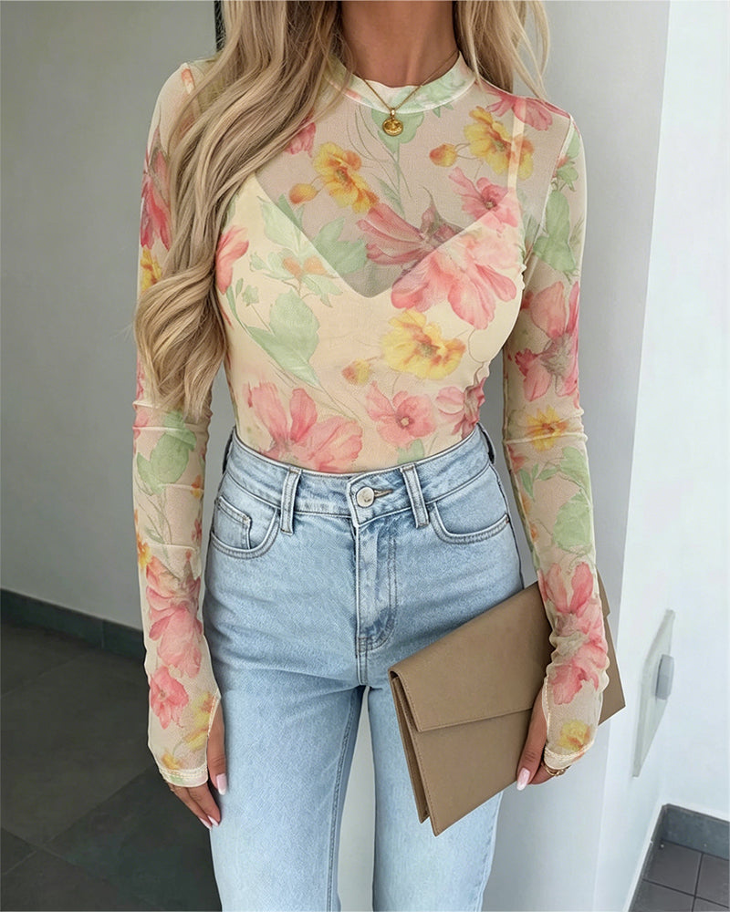 Women's French Style Watercolor Floral Print Mesh Top Long Sleeve Sheer Blouse See Through Slim Fit Tee with Thumbholes - Image 3