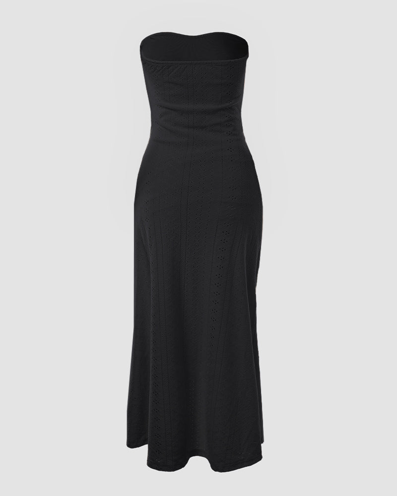 Sleeveless Ruched Cinched Waist Draped Bandeau Dress Eyelet Embroidery Slit Asymmetrical Hem Vacation Dress - Image 20